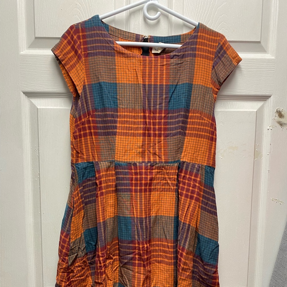 Mata Traders orange plaid fair trade zip back cotton dress, size L